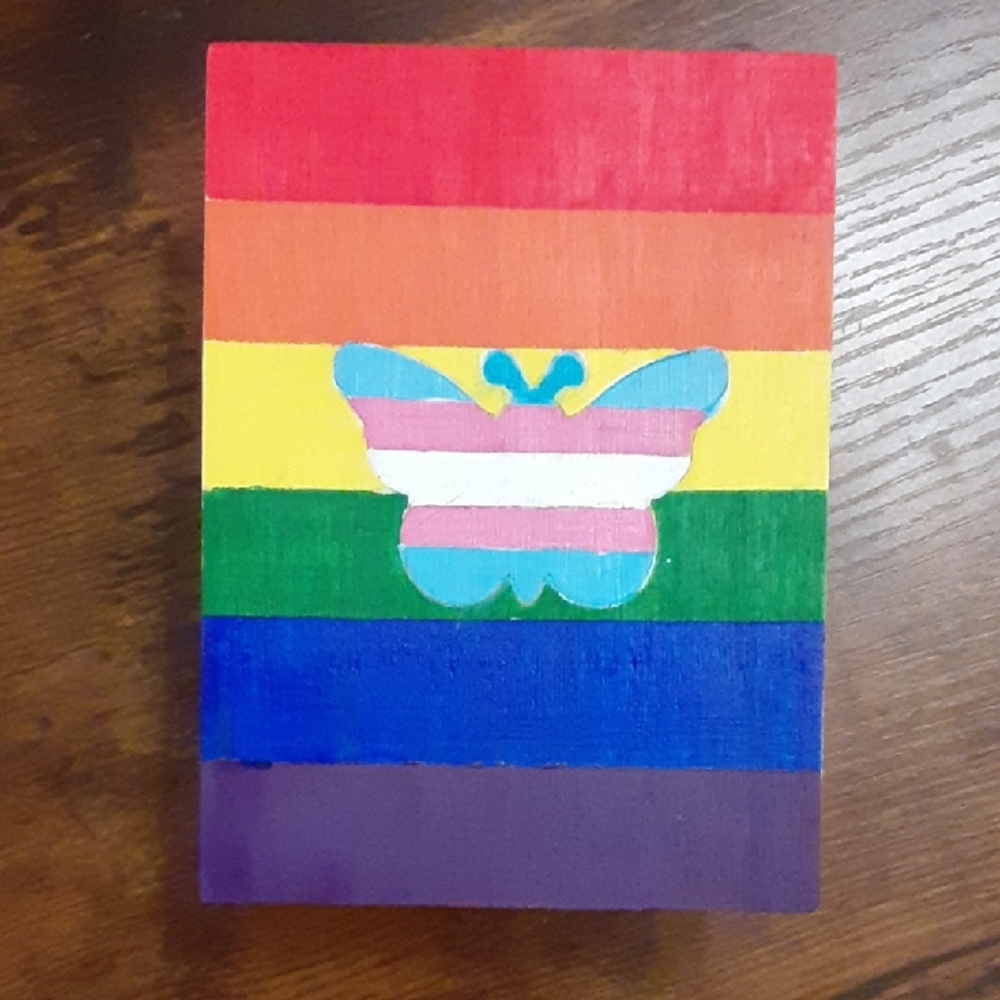 Wooden Trinket Box with Hand-painted Rainbow Stripe and Trans Pride Butterfly - Picture 3 of 10